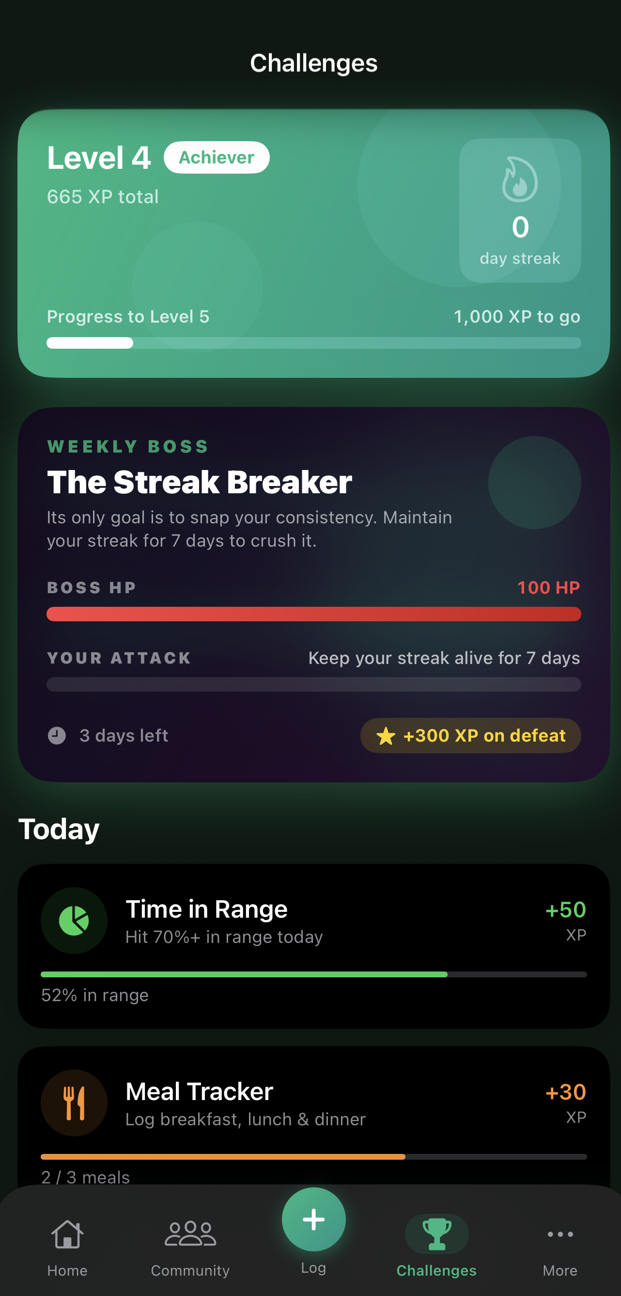 Challenges and boss battle screen