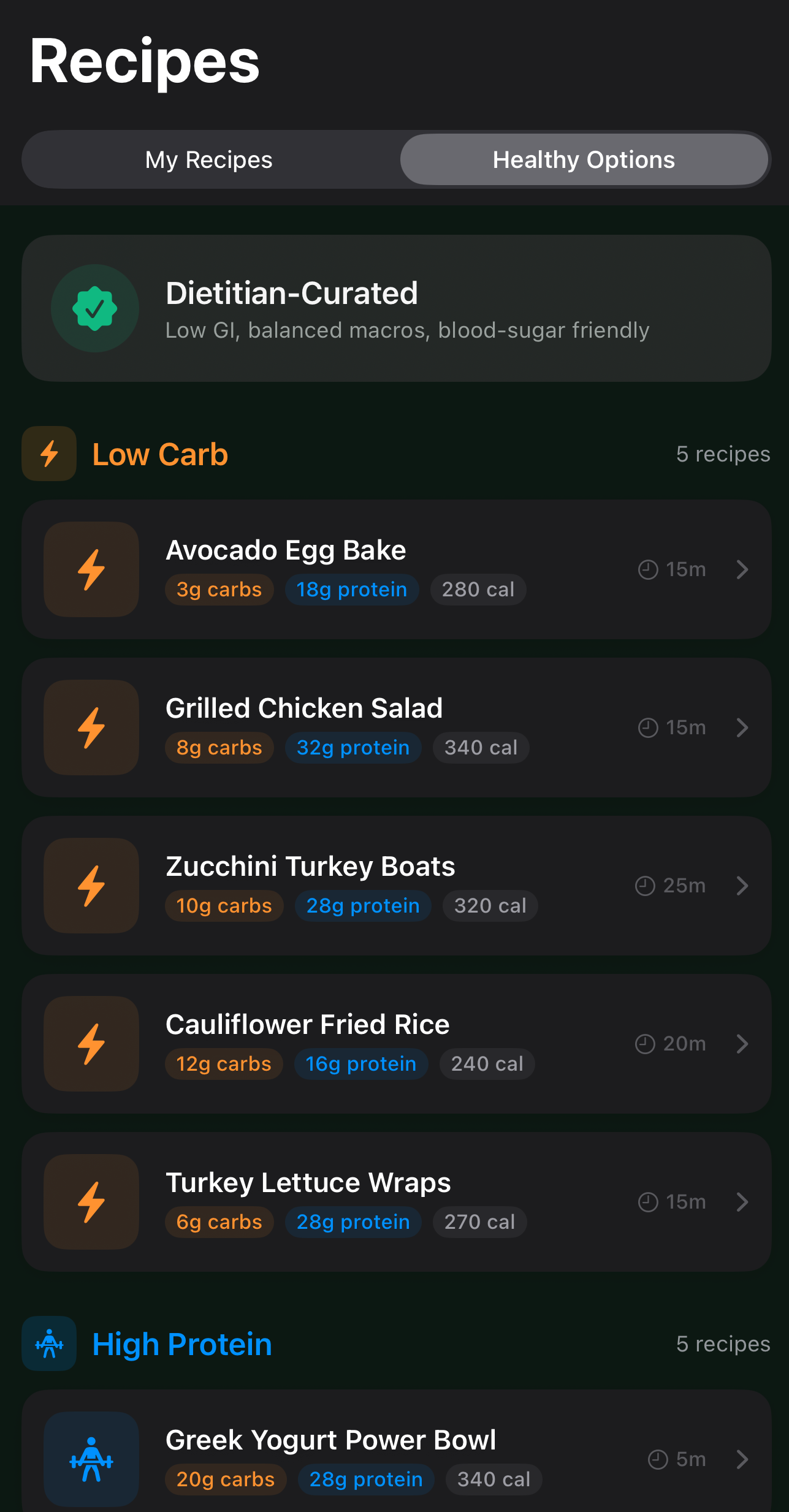 Healthy recipes screen